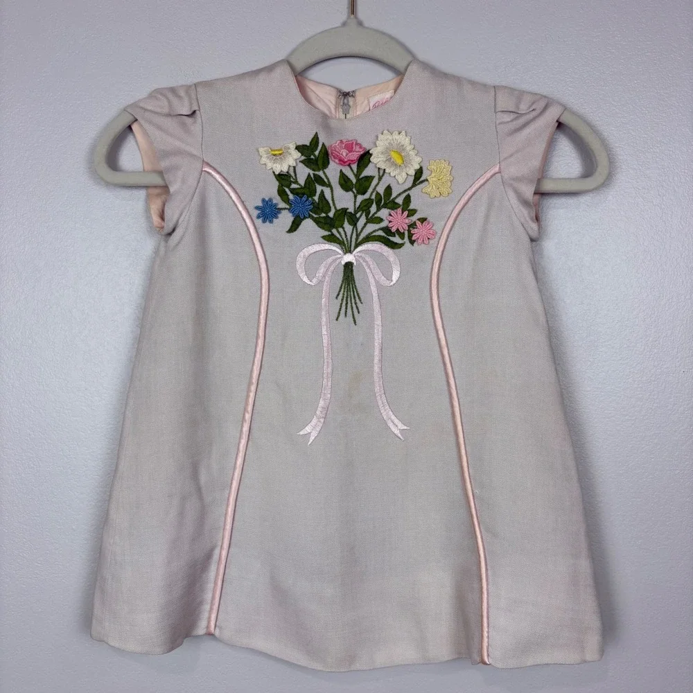 Ruth of Carolina Ruth Originals Vintage Girls Dress Irish Linen Pink Embroidered